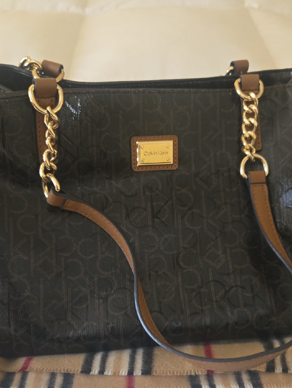 Calvin Klein Black Tote with Brown Trim and Gold Chain NEVER USED